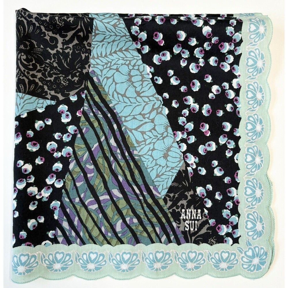 Anna Sui Scarf Black & Blue Floral Quilt Pattern w/ Blue Floral Scalloped Edge